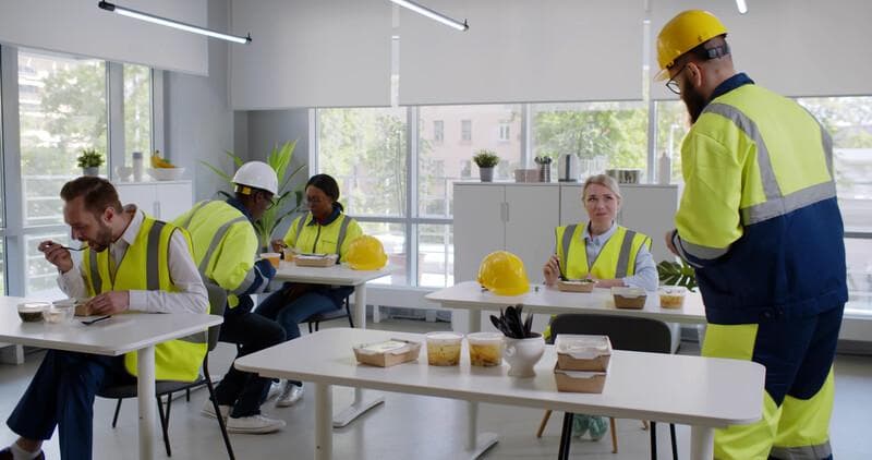 Group of engineers and workers enjoy eating food and relax in canteen