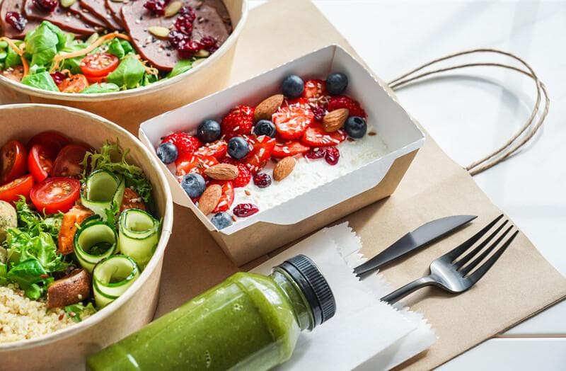 Healthy meal slimming diet plan background, food delivery service concept.